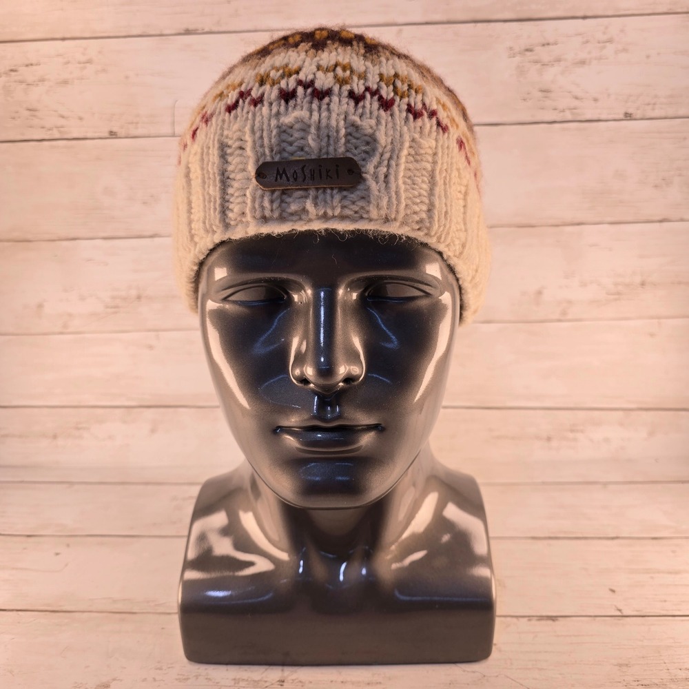 Moshiki Wool Beanie Fair Isle Knit Fleece Lined Winter Hat Cream Brown Nepal